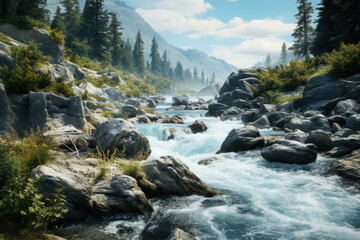 A rushing river, with a rocky shoreline and a variety of plants and trees visible in the background - obrazy, fototapety, plakaty