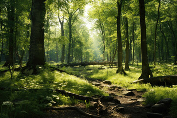 Obraz premium A bright, sunny day in a lush, green forest with the sunlight streaming through the trees