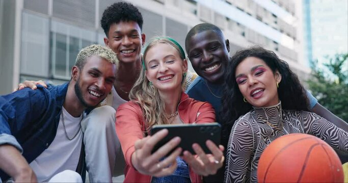 Selfie, happy and group of people in city for adventure, journey or sightseeing travel in street. Smile, diversity and gen z young friends bonding for photography picture together in urban town.
