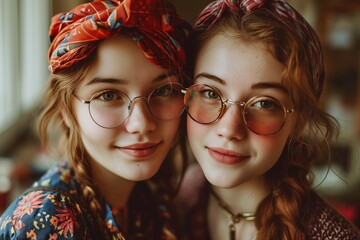 Two young Women With Colorful Headbands and Retro Glasses Indoors During the Day