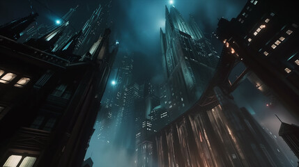 Somber dystopian city at night