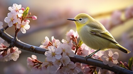 Fototapeta premium Graceful Bush Warbler Perched on a Delicate Cherry Blossom Branch - AI-Generative