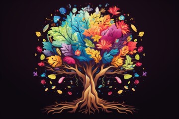 Vibrant tree with diverse flora and fauna on a dark backdrop