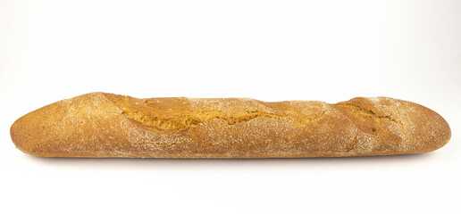 French baguette, a whole buckwheat baguette on a white background.