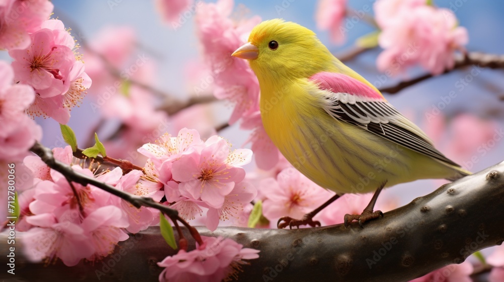 Poster enchanting scene of a canary singing joyfully amidst lush branches in nature - ai-generative