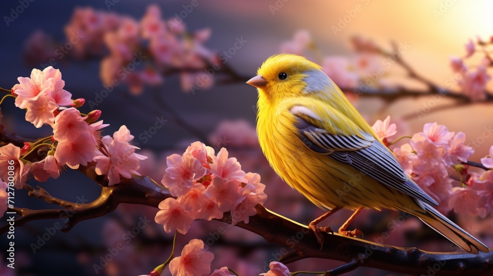 Poster enchanting scene of a canary singing joyfully amidst lush branches in nature - ai-generative