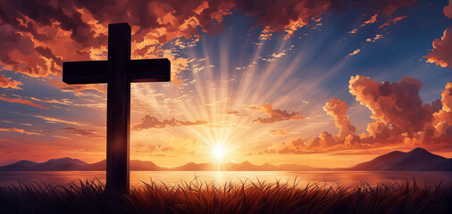 Fototapeta na wymiar Illustration of a Christian cross standing in front of a lake and mountains against a golden sunset. Banner with space for a text.