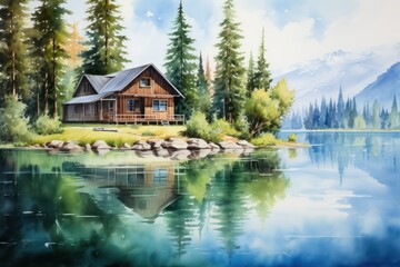 Fototapeta na wymiar Serene lake cabin amidst lush greenery and mountains