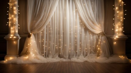 Elegant curtain illuminated by warm fairy lights