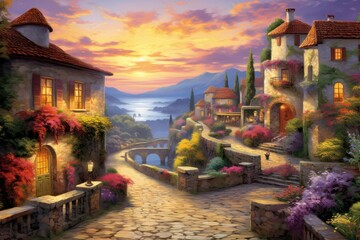 Sunset illuminates a serene village with vibrant flora and winding stone pathways.