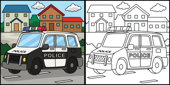 Police Car Coloring Page Colored Illustration