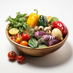 A bowl of freshly cut vegetables with a variety of spices, isolated on white background