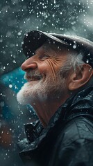 Side view portrait of a smiling elderly white male drenched in the pouring rain, generative AI, background image