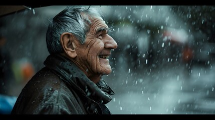 Obraz premium Side view portrait of a smiling elderly white male drenched in the pouring rain, generative AI, background image