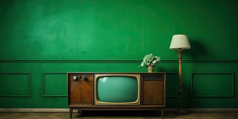 Vintage concept with chroma key template display on dated TV set, in nostalgic living room with old mirror and furniture. - obrazy, fototapety, plakaty