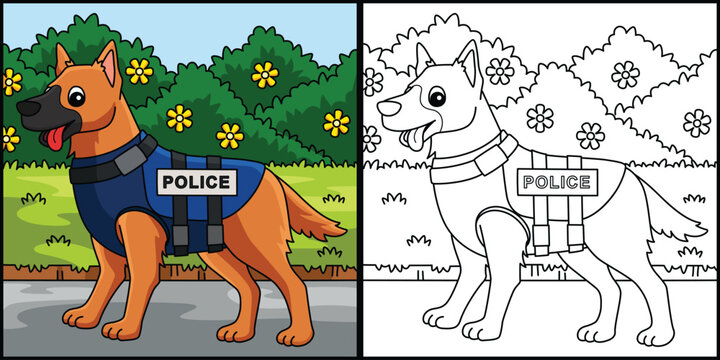 Police Dog Coloring Page Colored Illustration