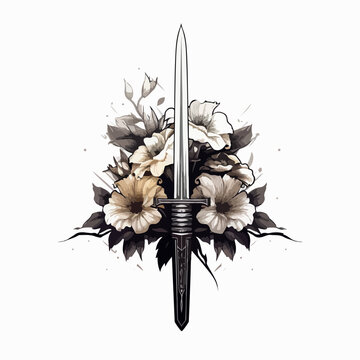 Flowers and swords in cartoon, doodle style. Image for t shirt. Isolated 2d vector illustration in logo, icon, sketch style, Eps 10. AI Generative