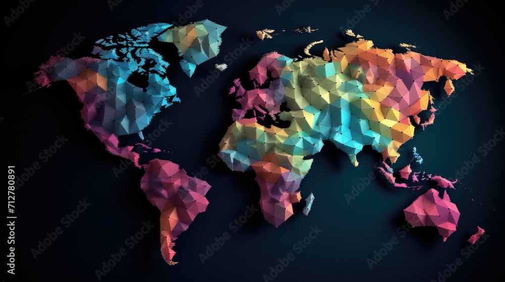 Poster low poly multicolored world map. ai generative.