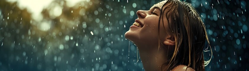 Side view portrait of a smiling young blonde white woman drenched in the pouring rain, generative AI, background image - obrazy, fototapety, plakaty