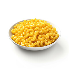 A plate of freshly cooked mac and cheese, isolated on white background