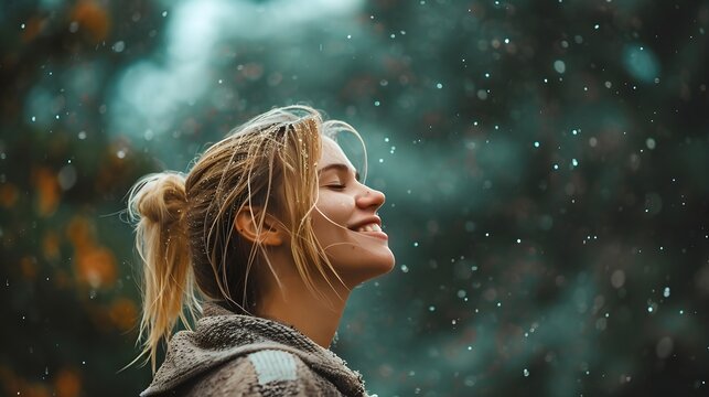 Side view portrait of a smiling young blonde white woman drenched in the pouring rain, generative AI, background image