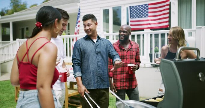 Barbecue, friends and celebration at 4th of July party, conversation and celebrating independence day in outdoors. People, bbq and cooking on grill for national holiday, american flag and food prep