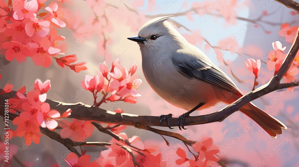 Poster enchanting moment: a catbird perched on a whimsical branch in a tranquil garden - ai-generative