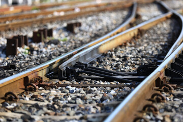 Crossroad intersection of railroad tracks,Railway on a sunny day. Intersection of old rails. The...
