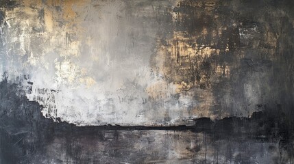 Fototapeta premium Dark abstract painting in black and silver with gold accents, modern decoration, contemporary art