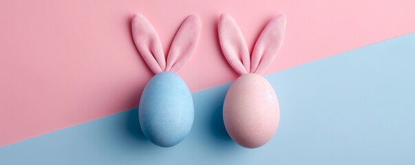 Easter Celebration: Blue and Pink Bunny-Eared Eggs on Festive Background Wallpaper