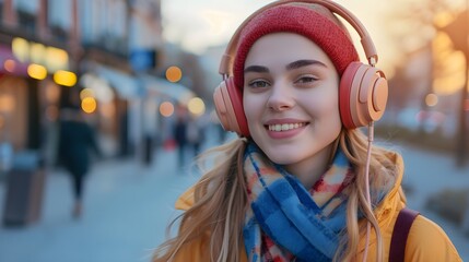 Portrait of a white teenage female smiling while wearing wireless headphones against city streets background, generative AI, background image