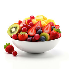 A bowl of freshly made fruit salad with a variety of fruits including apples, oranges, grapes, and strawberries, isolated on white background