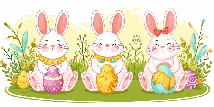 Hand-Drawn Easter Bunnies and Multicolored Eggs on Vintage Paper Texture - Whimsical Holiday Illustration Wallpaper