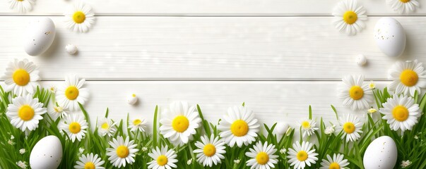 Spring Composition Wallpaper Art with Floral Arrangement, Lush Grass, and Decorative Eggs