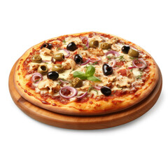 A pizza with a golden-brown crust, topped with a variety of olives, isolated on white background