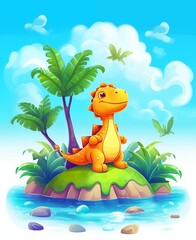 Cute smiling cartoon dinosaur on the island