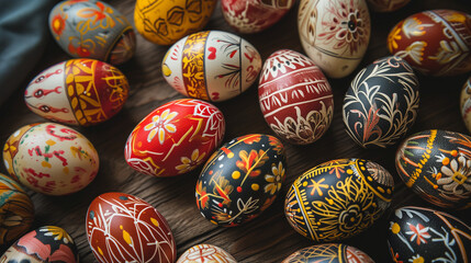 Hand-painted Easter eggs with intricate folk patterns displayed on a dark wood background