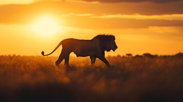 Silhouette portrait of a walking Lion against the background of the sunset on the savannah, generative AI, background image