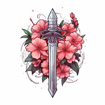 Flowers and swords in cartoon, doodle style. Image for t shirt. Isolated 2d vector illustration in logo, icon, sketch style, Eps 10. AI Generative