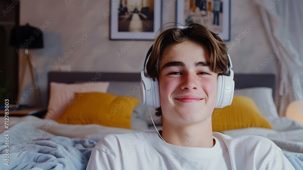 Wall mural Portrait of a white teenage male smiling while wearing wireless headphones against his bedroom background, generative AI, background image