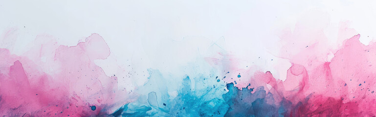 Watercolor abstract background on white canvas with dynamic mix of bright pink and light blue colors, banner, panorama