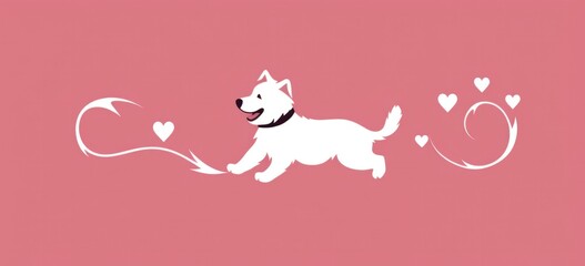 Joyful dog cartoon with heart-shaped tail on pink background. Animal love and Valentines Day. Banner.