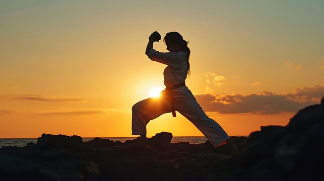 Silhouette portrait of a woman practicing karate against the background of the sunset on the rocks, generative AI, background image