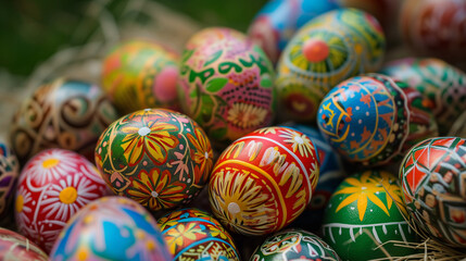 Fototapeta na wymiar A diverse array of Easter eggs with rich, hand-painted details in a straw nest