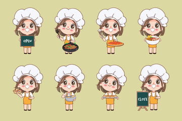 Cute and kawaii female chef cooking difference menu thai food. Cartoon manga chibi vector character design.