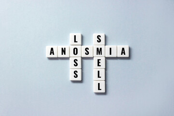 Word Anosmia made up of plastic blocks with letters. Smell loss disease concept. Selective focus