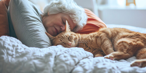 senior woman sleeping in her bed with cat, generative AI