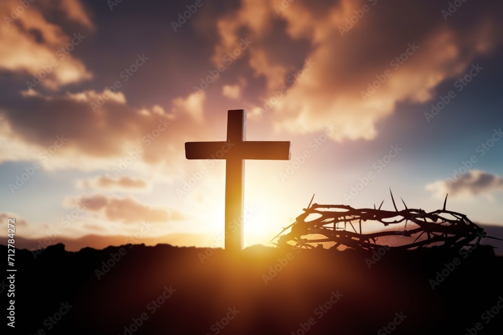 Wall mural The sunset sky, wooden cross of Jesus Christ