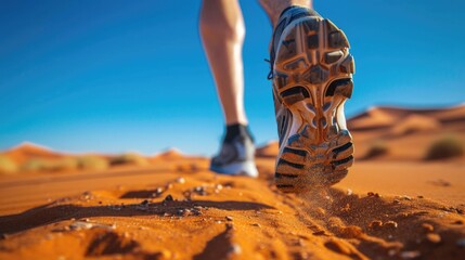 runner's shoes on a desert trail, with sandy dunes generative ai - obrazy, fototapety, plakaty