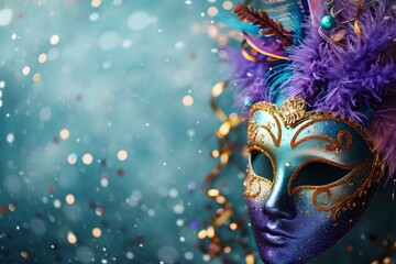 A dazzling masquerade mask lying amidst a shower of confetti - obrazy, fototapety, plakaty